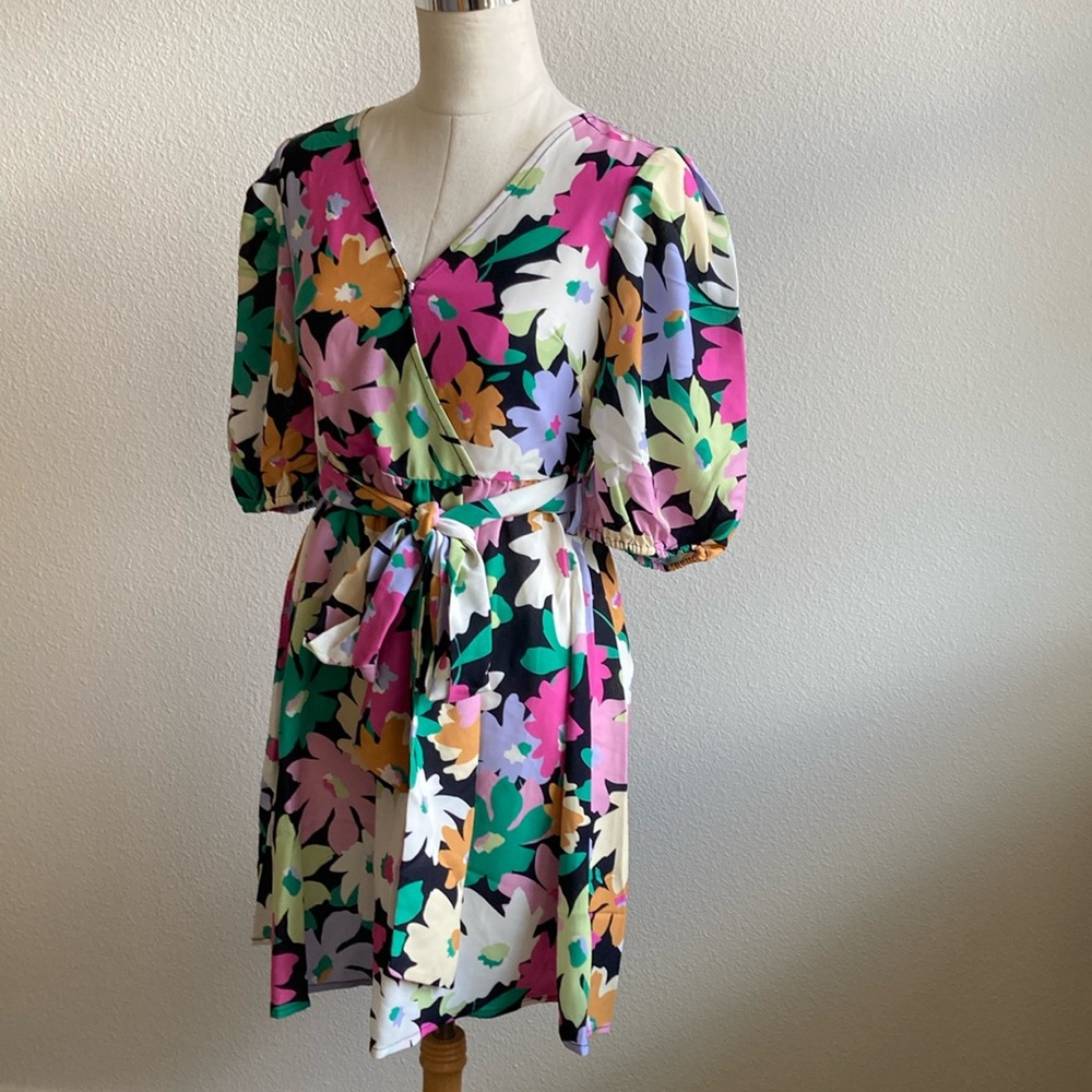 Floral Wrap Dress with Puff Sleeves - Pink Multi